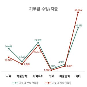 기부금 수입/지출 차트 - 기부금 수입(억원):교육-20,408 학술장학-8,772 사회복지-24,989 의료-1,879 예술문화-4,965 기타-40,123 기부금 지출(억원):교육-13,223 학술장학-7,248 사회복지-23,223 의료-1,242 예술문화-4,001 기타-55,344